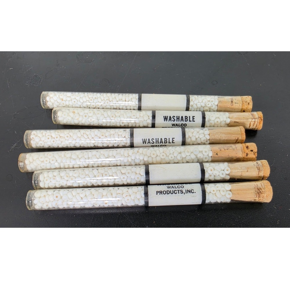 Vintage Walco White Glass Seed Beads Lot of 6 Glass Tubes with Cork Stoppers B